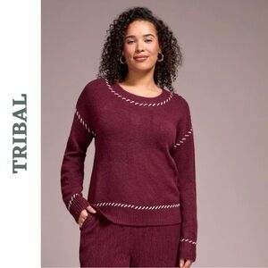 Tribal Wine Knit Sweater Medium NWT Contrast Stitch
